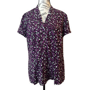 Dana Buchanan Blouse Women’s Large Short Sleeve Button Up Purple Black White